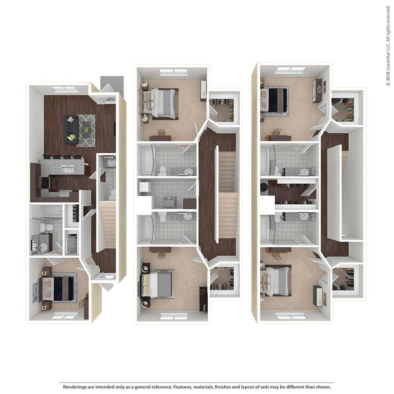 Elegant floor plan showcasing three levels, featuring 3 bedrooms, open living areas, and modern kitchens. Ideal for spacious living.