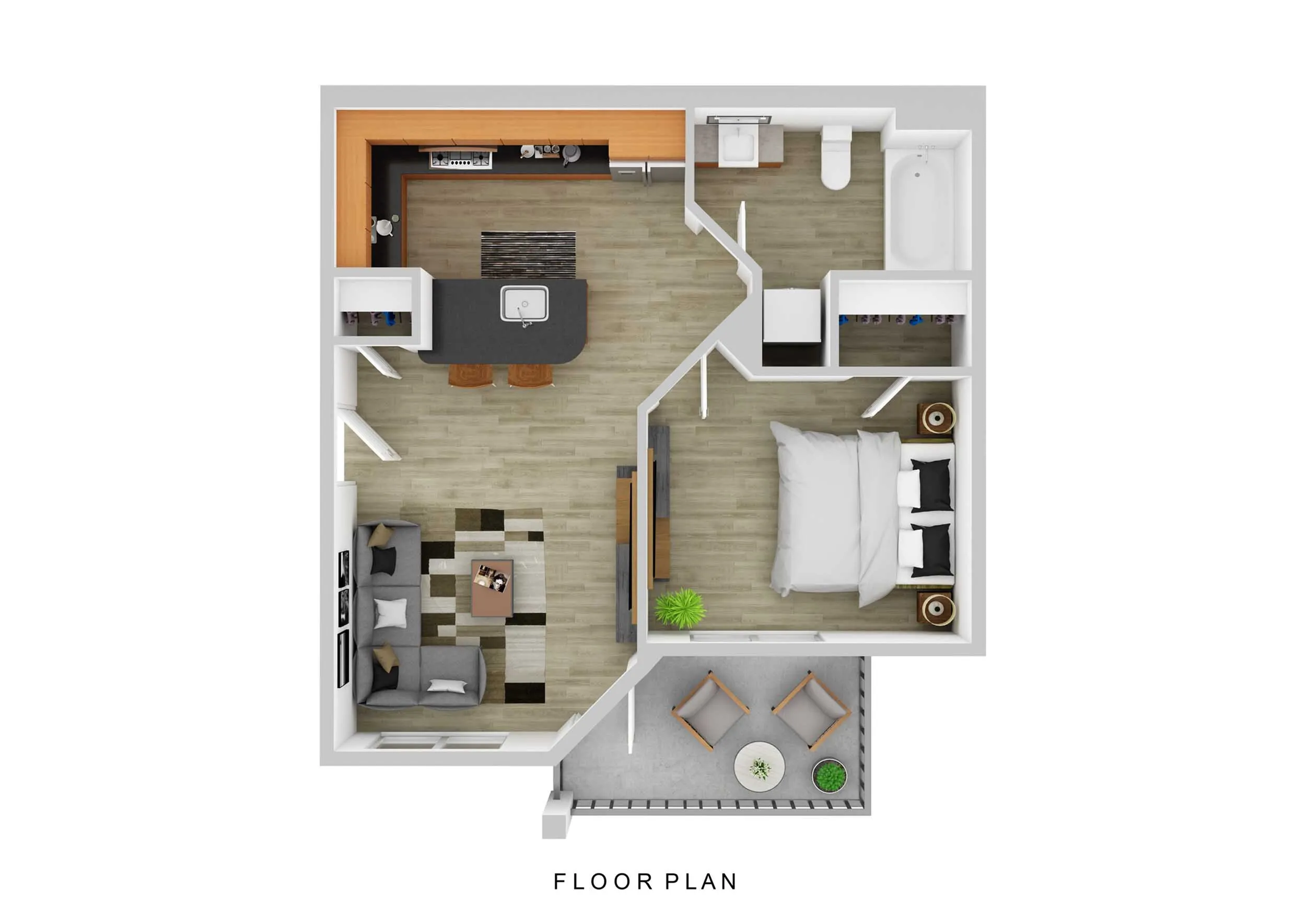 Modern floor plan featuring a spacious bedroom, open-concept kitchen with breakfast bar, cozy living area, and a charming balcony.