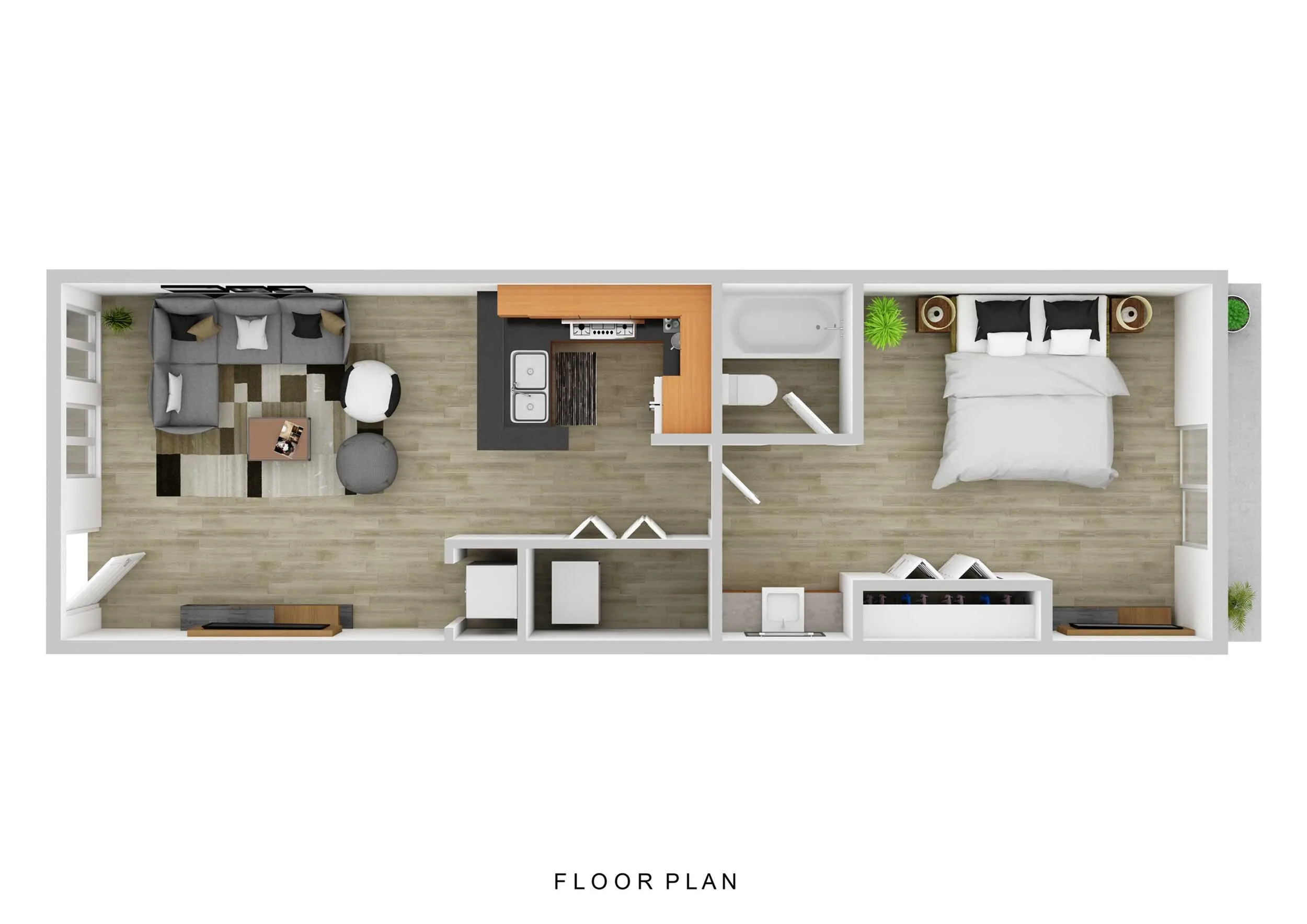 Modern floor plan showcasing an open living room, sleek kitchen with breakfast bar, stylish bathroom, and spacious bedroom with natural light.