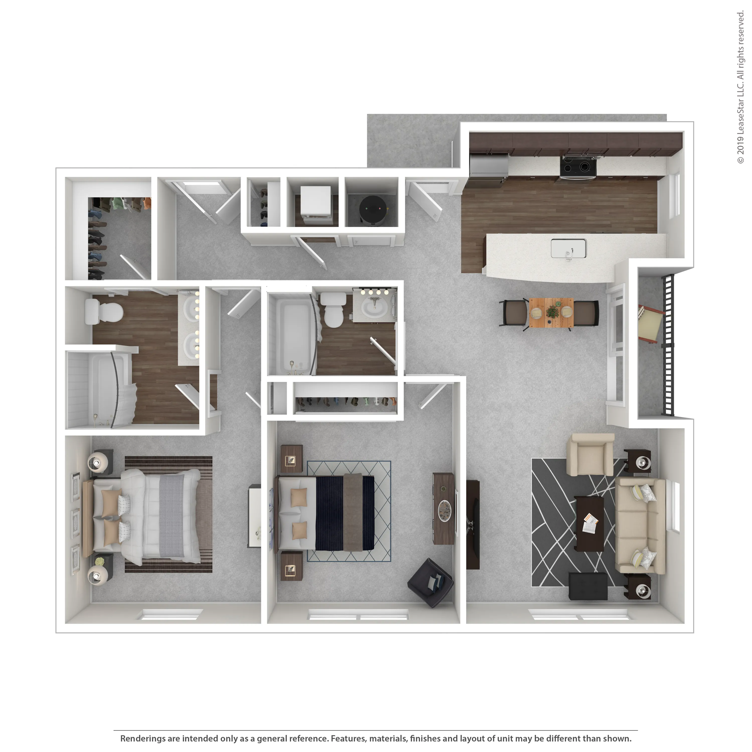 Modern 3D floor plan showcasing a spacious 2-bedroom apartment with an open kitchen, stylish living area, and elegant bathrooms.