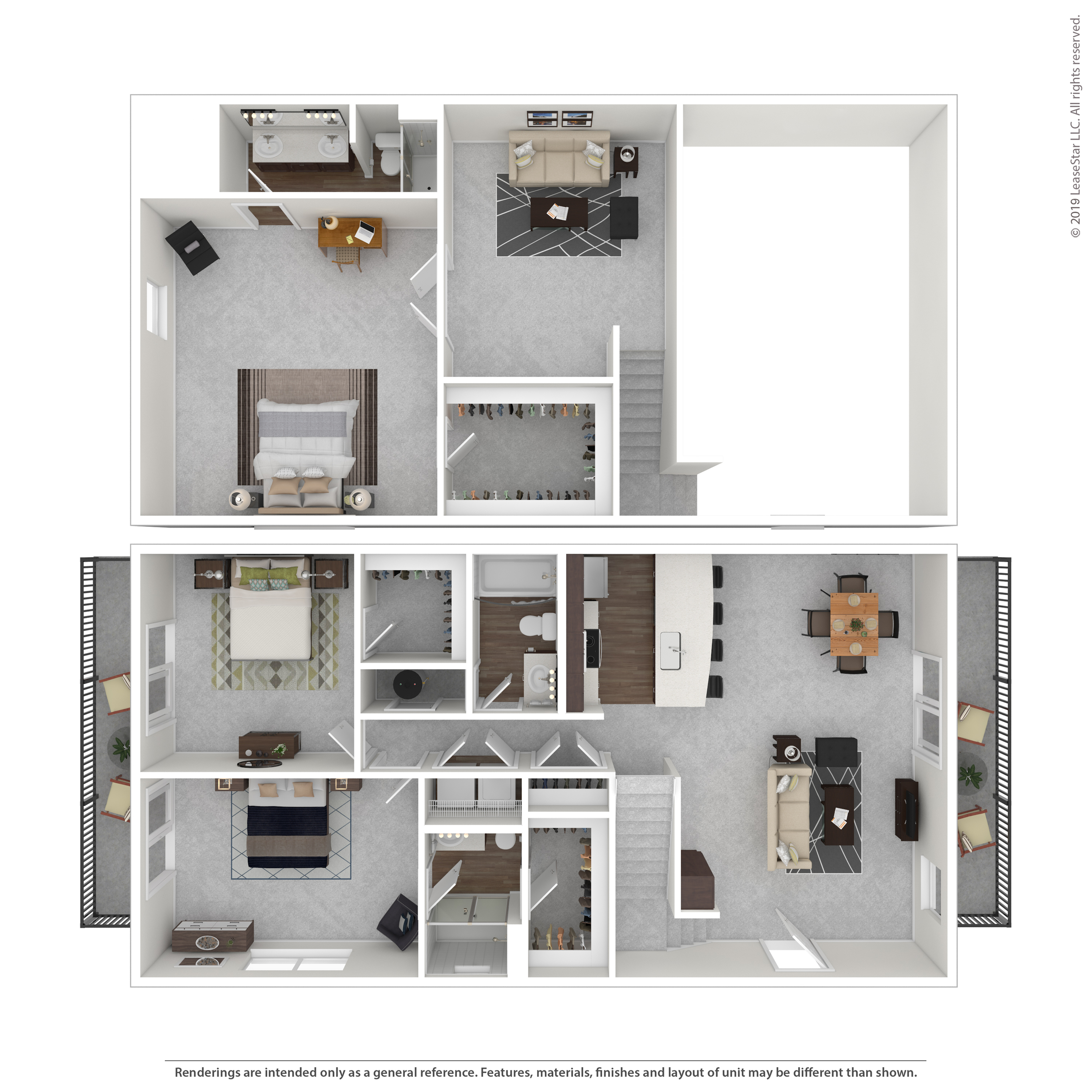 Elegant 3D floor plan showcasing two-story design with 2 bedrooms, stylish living area, modern kitchen, and cozy balcony.