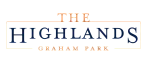 Elegant logo for The Highlands at Graham Park, featuring sleek serif typography in navy and copper.