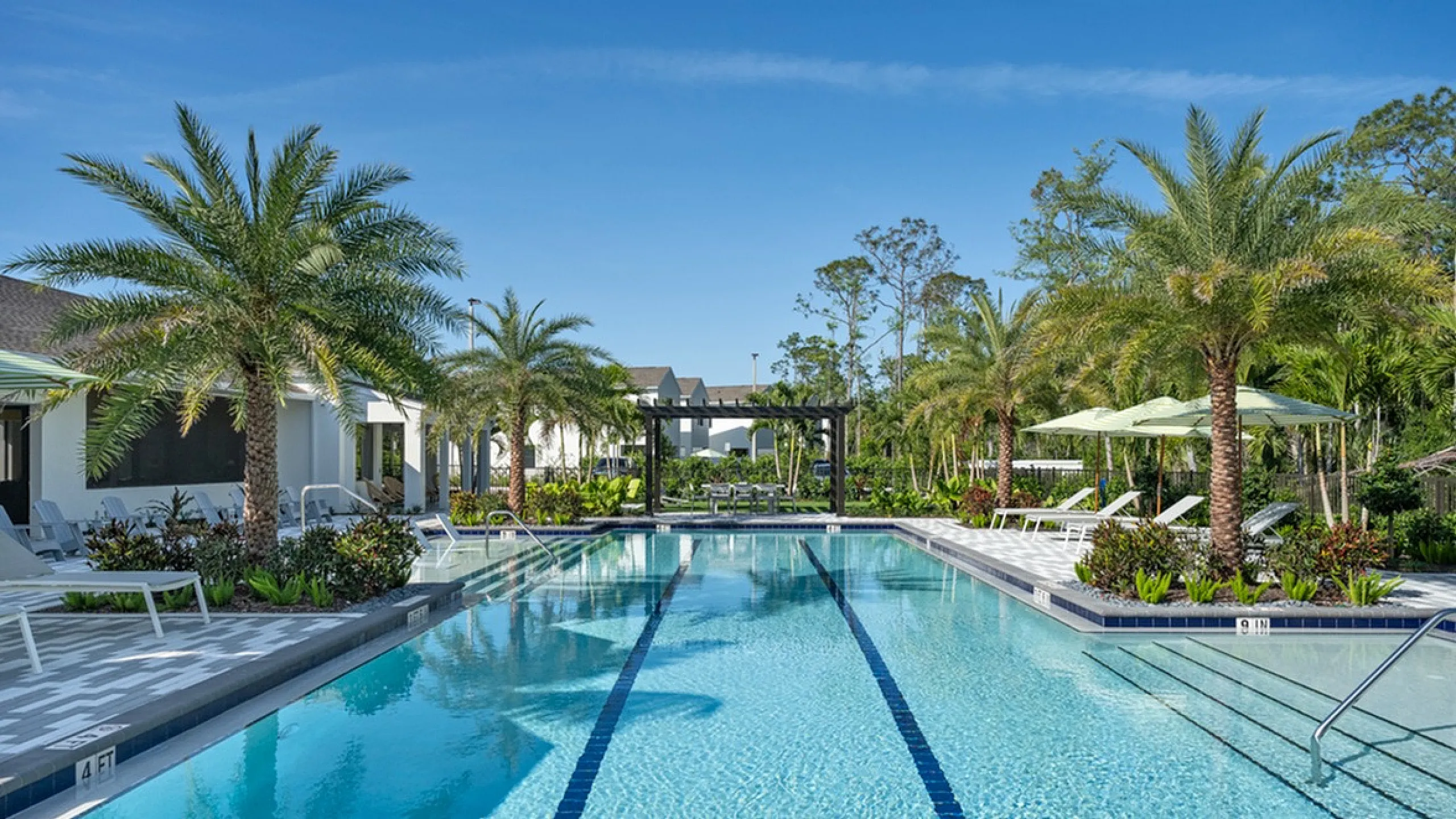 Luxurious outdoor pool surrounded by tropical palm trees and modern lounge chairs, ideal for relaxation and leisure.