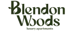 Blendon Woods luxury apartments logo with elegant dark green typography and leaf accents, conveying a sense of sophistication and nature-inspired living.