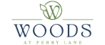 Elegant logo of Woods at Perry Lane featuring a stylized green leaf and letter W, conveying a natural and sophisticated brand aesthetic.