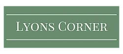 Elegant Lyons Corner logo on a green background, emphasizing sophistication and style.