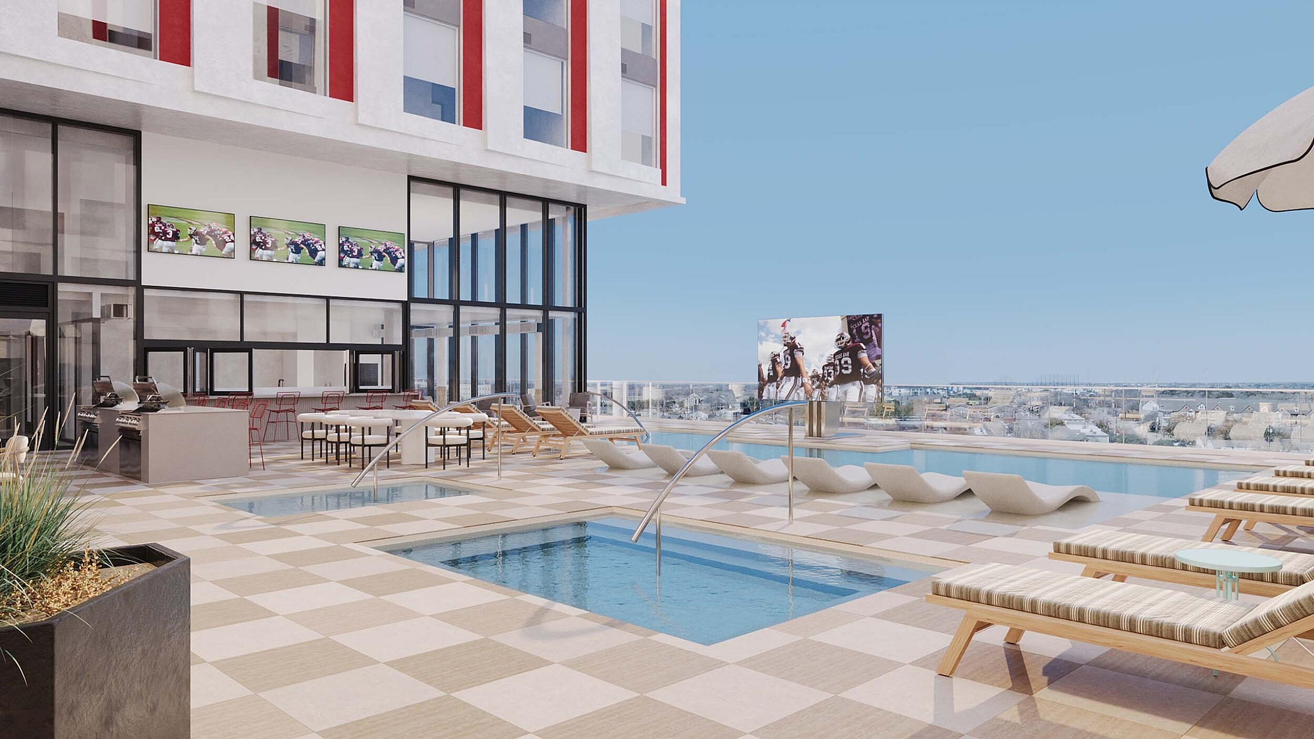 Luxurious rooftop pool area featuring stylish loungers, a sleek outdoor bar with multiple TVs, and stunning cityscape views.