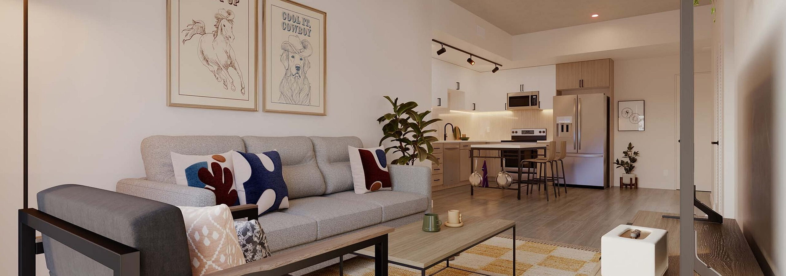 Chic open-concept living room featuring modern furniture, stylish decor, and a contemporary kitchen with sleek appliances.