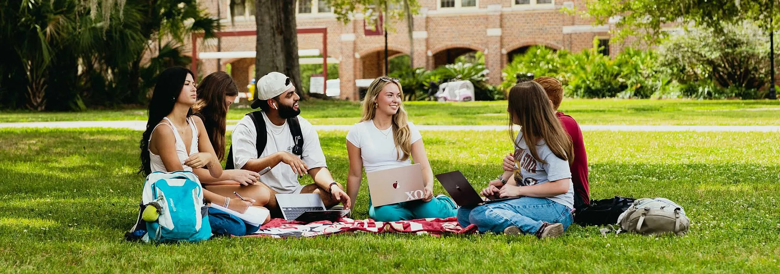 Vibrant college campus scene with diverse group of students studying and engaging on a lush green lawn, surrounded by historic brick buildings and majestic trees.