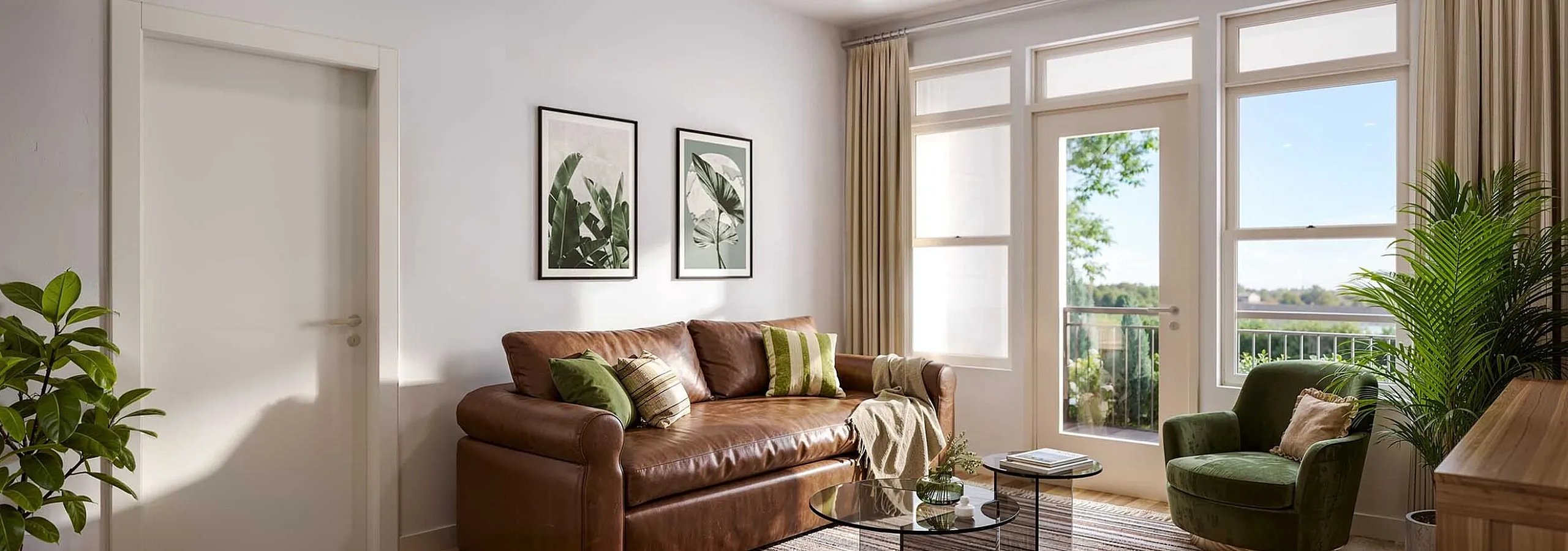 Bright living room featuring a stylish leather sofa, modern decor, and expansive windows offering scenic views.