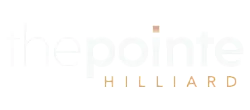 Modern logo for The Pointe at Hilliard, featuring elegant typography in white and bronze accents.