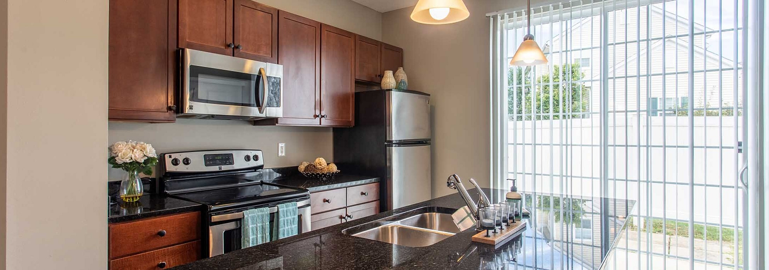 Modern kitchen with elegant dark granite countertops, stainless steel appliances, and warm wooden cabinetry, enhanced by abundant natural light through large sliding glass doors.