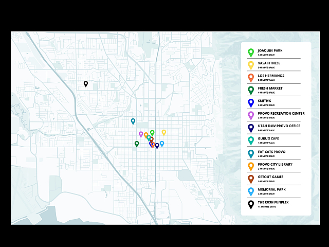 Map of Provo highlighting convenient locations including parks, cafes, fitness centers, and shops within a short walk or drive.