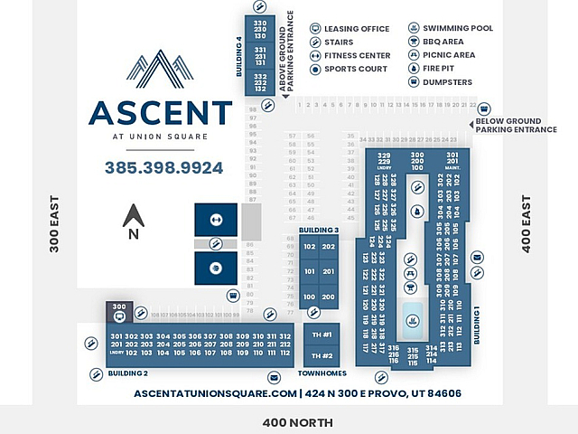 Ascent at Union Square community map highlighting amenities like a swimming pool, fitness center, and sports court, along with residential buildings and parking entrances.