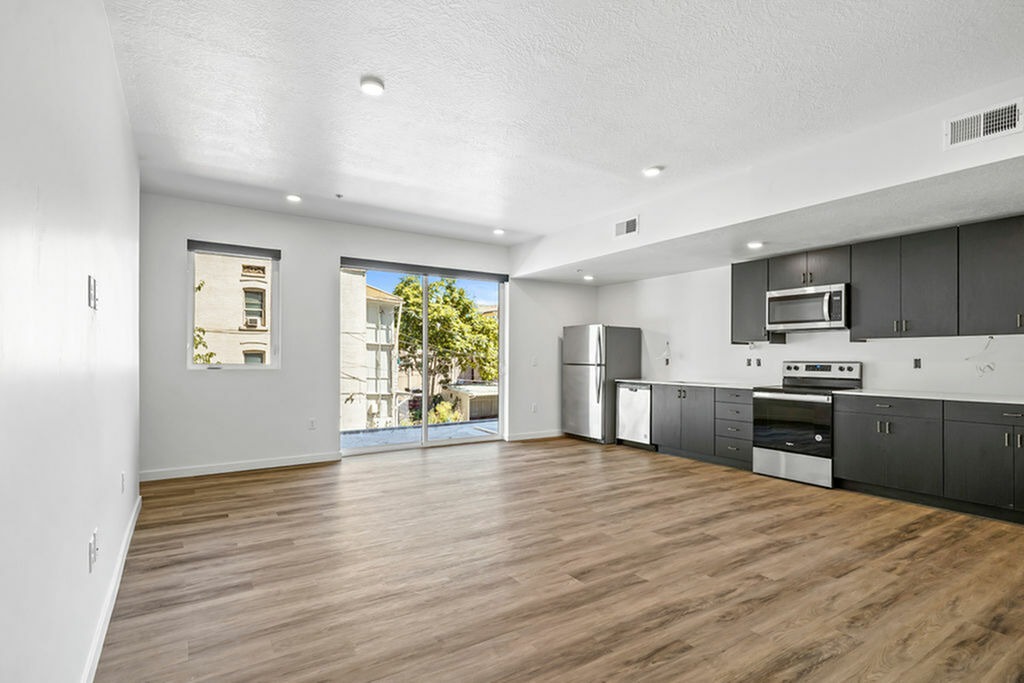 343 apartments slc A4 Kitchen, Living Room and Balcony