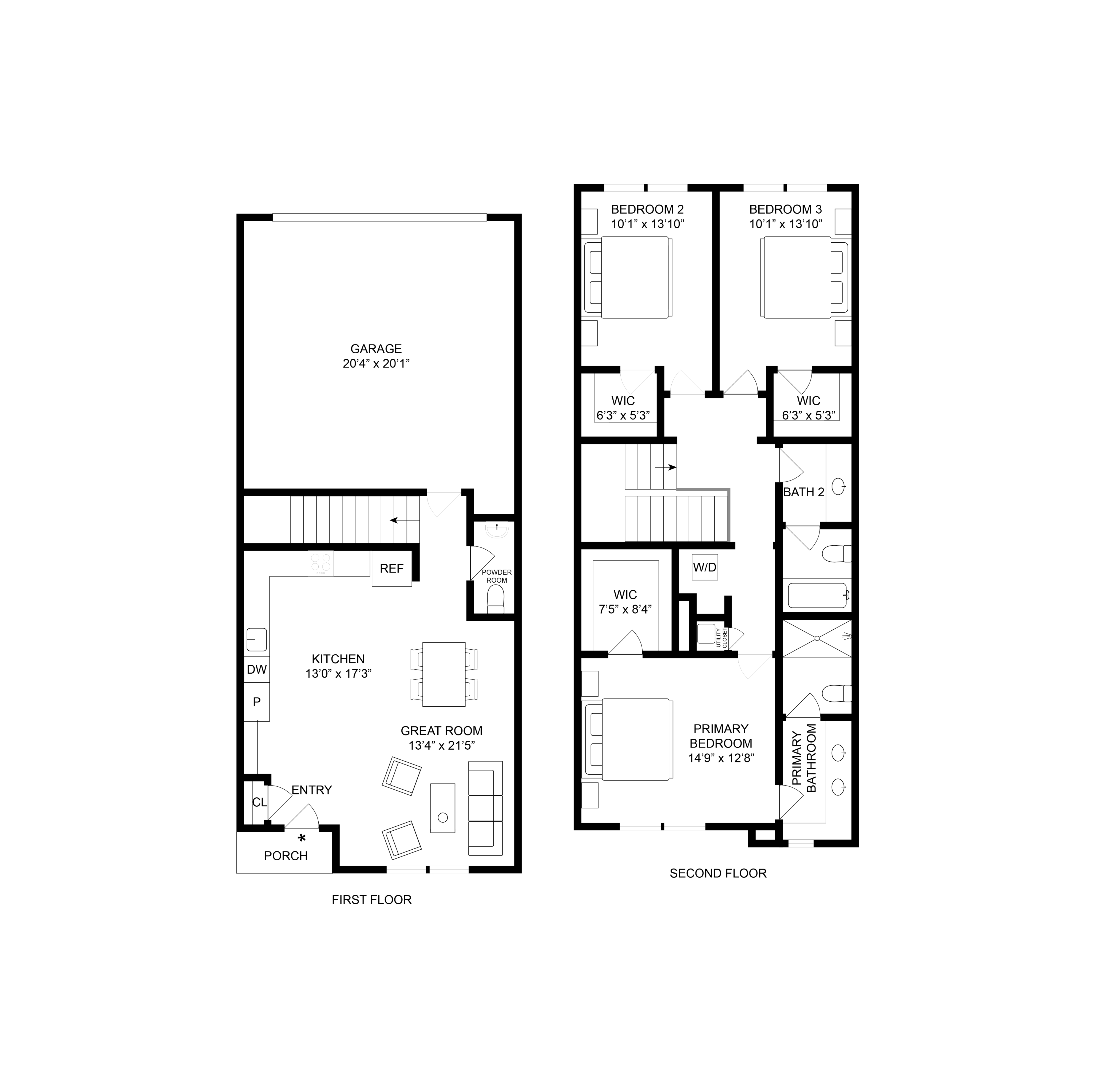 Contemporary floor plan displaying a spacious great room, modern kitchen, and 2 floors featuring 3 bedrooms including a luxurious primary suite with an en-suite bathroom.