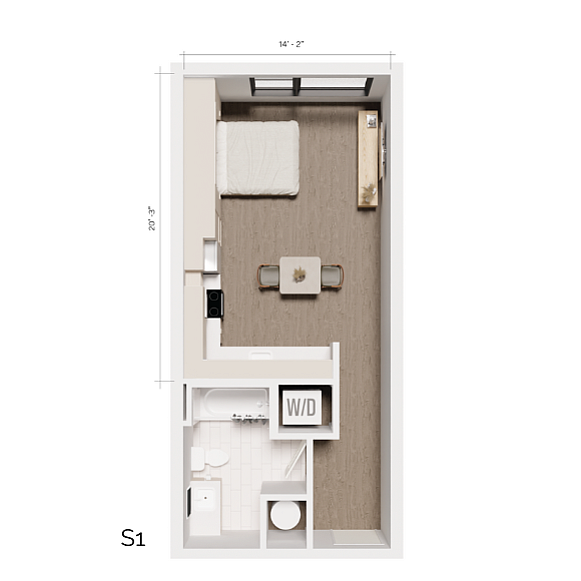 Compact and modern studio floor plan with integrated kitchen, cozy sleeping area, and convenient in-unit laundry.