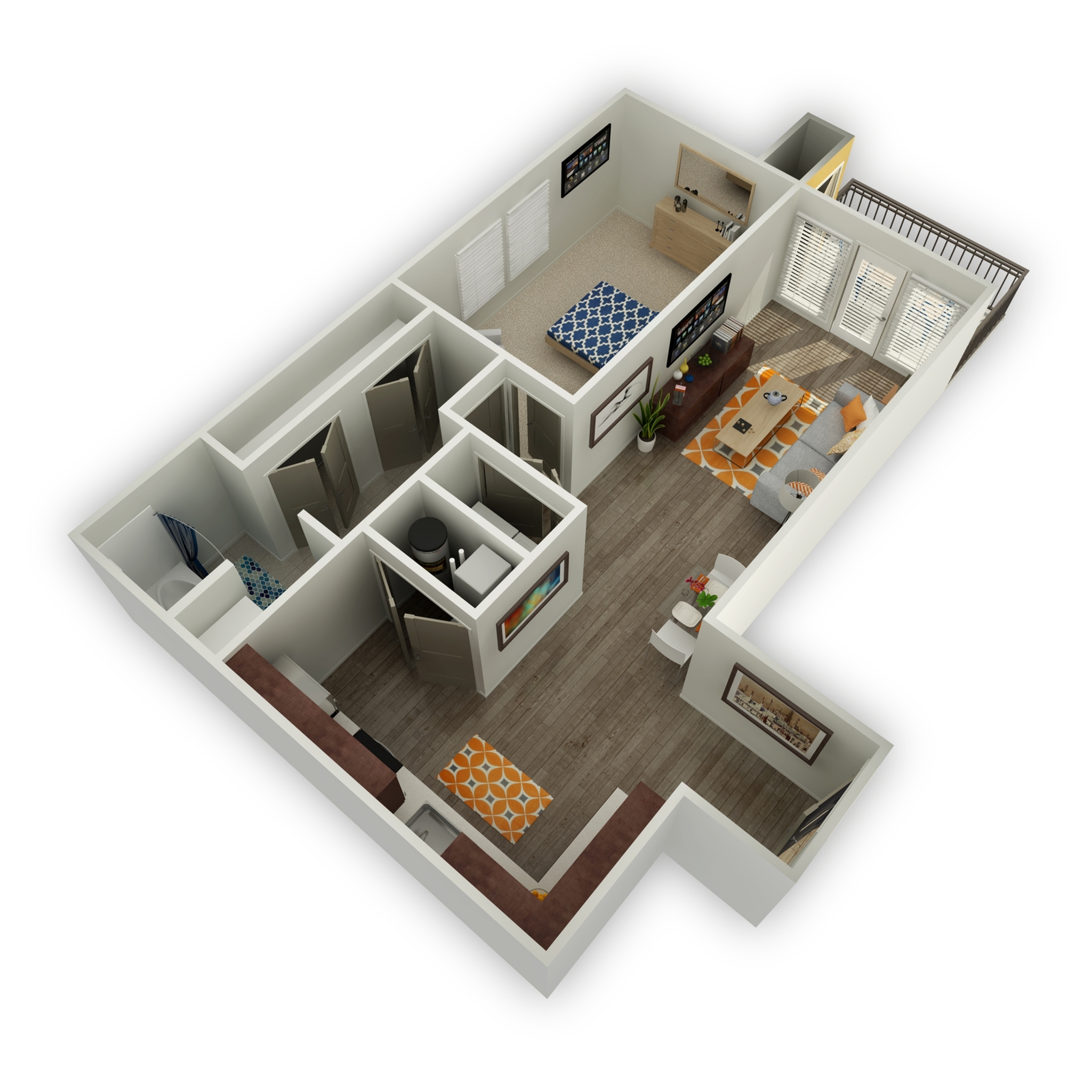 Modern 3D apartment layout featuring one cozy bedroom, a stylish bathroom, open-concept living and dining area with wooden flooring, and a sleek kitchen with a breakfast bar.