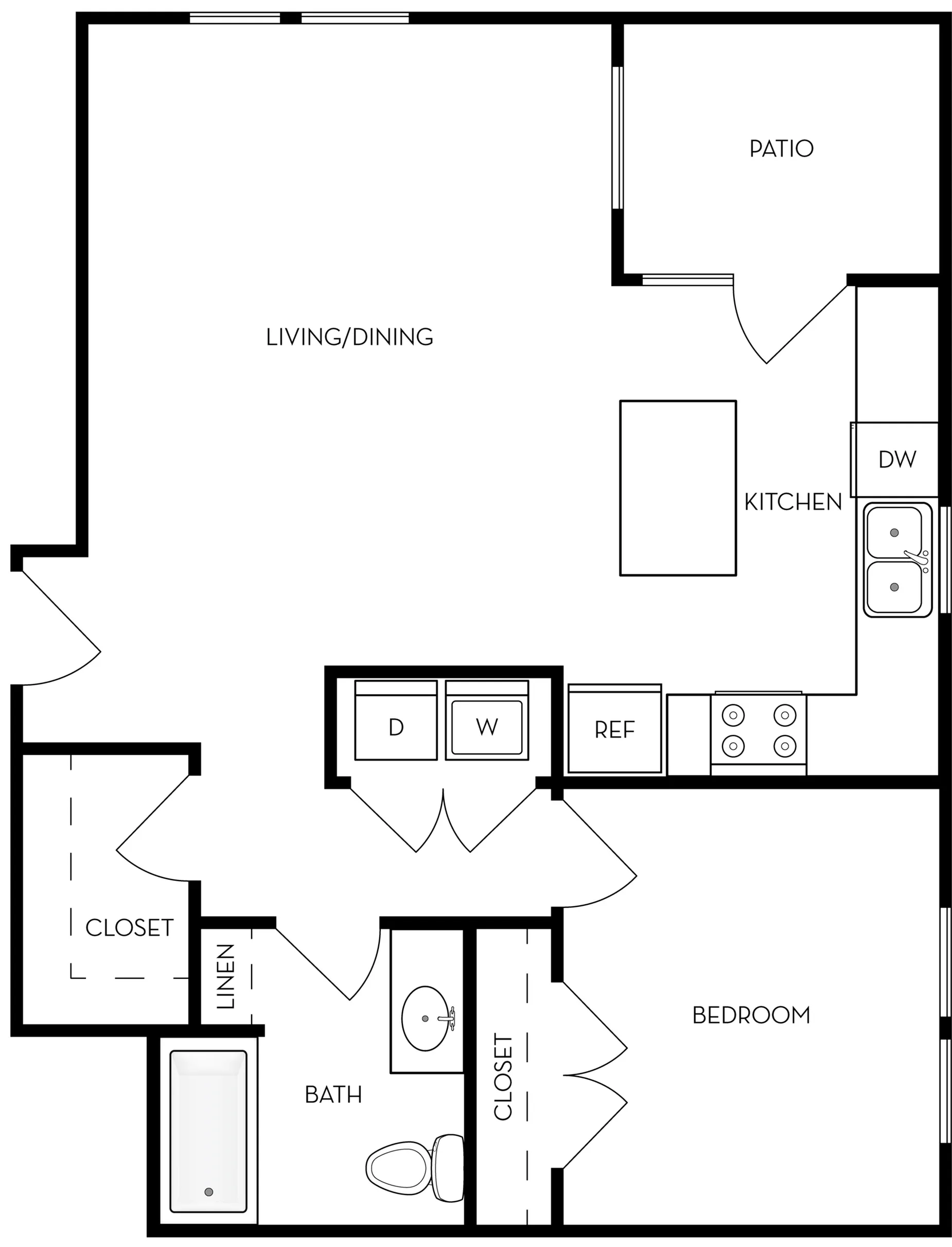 Elegant single-bedroom floor plan featuring open living and dining area, modern kitchen, and private patio.