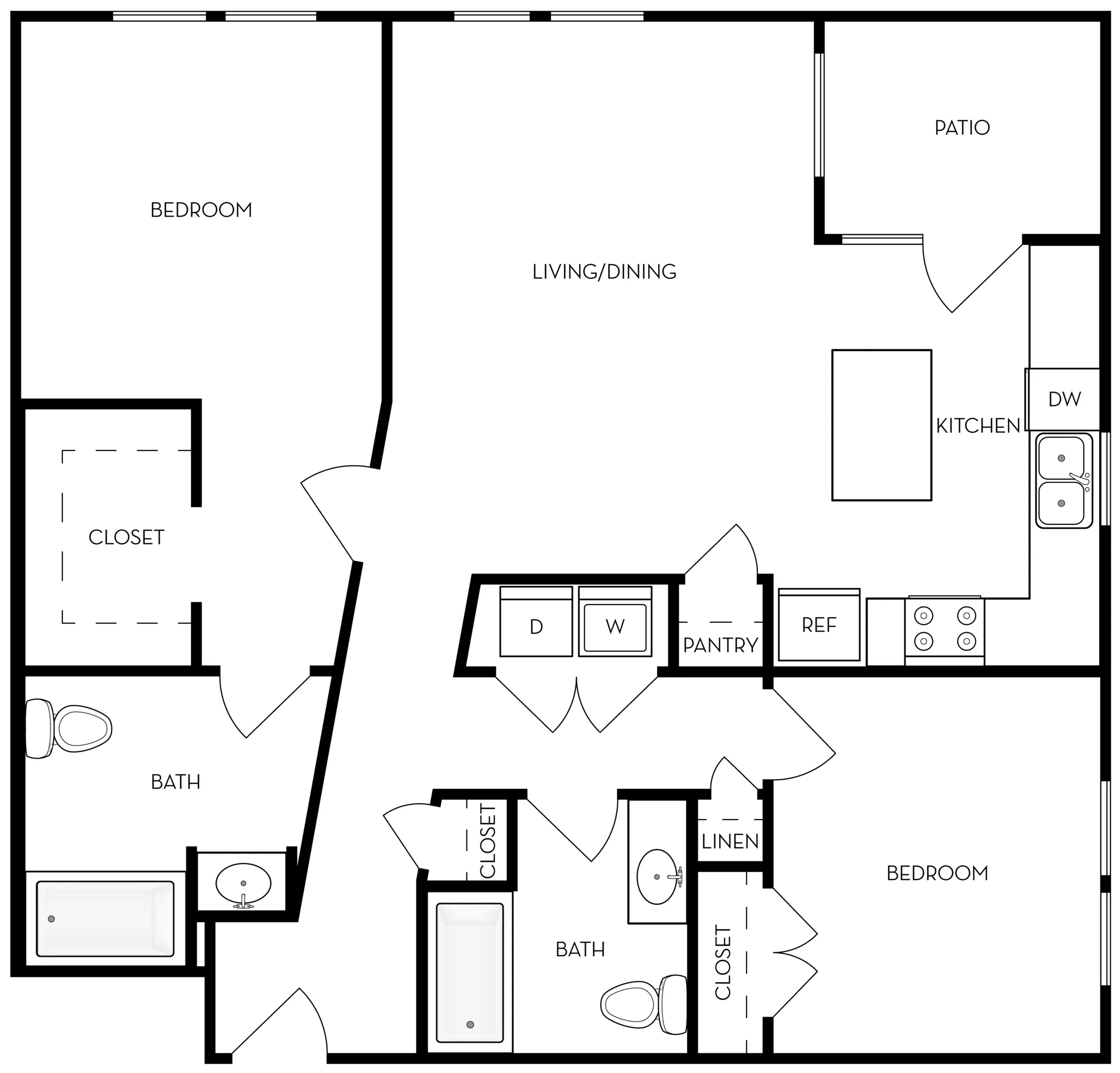 Modern floor plan with 2 bedrooms, open living/dining area, sleek kitchen, and inviting patio.