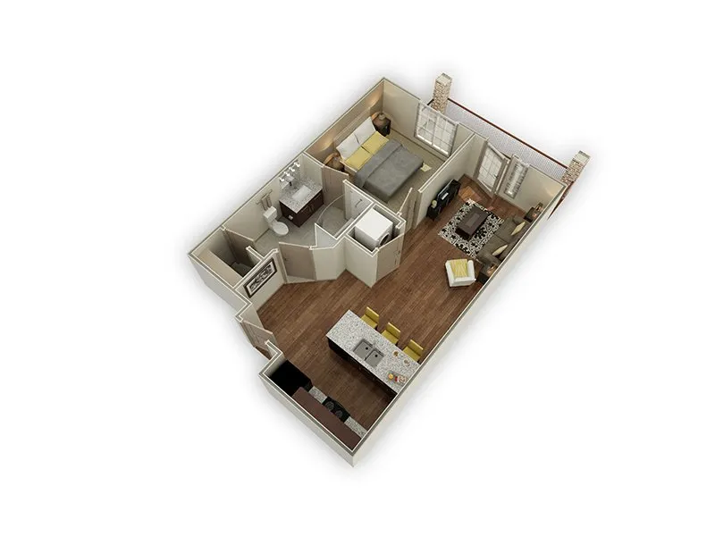 Chic 3D floor plan showcasing an elegant one-bedroom apartment with a spacious living area, modern kitchen, and cozy bathroom.