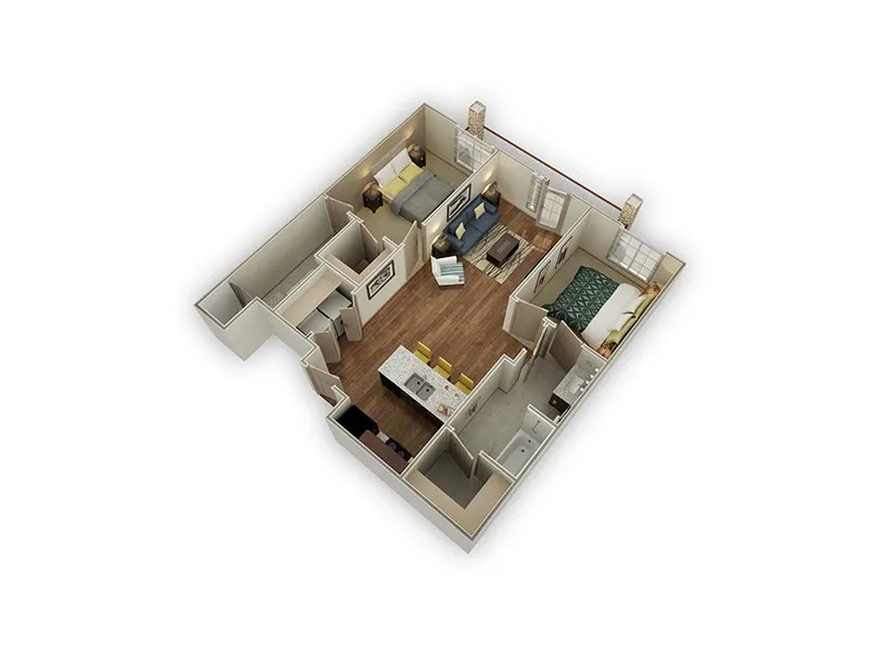 Elegant 3D floor plan featuring 2 bedrooms, spacious living area, modern kitchen, and cozy dining nook.