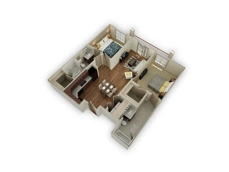 Chic 3D floor plan showcasing 2 cozy bedrooms, an inviting open-concept living and dining area, and a modern kitchen with sleek finishes.