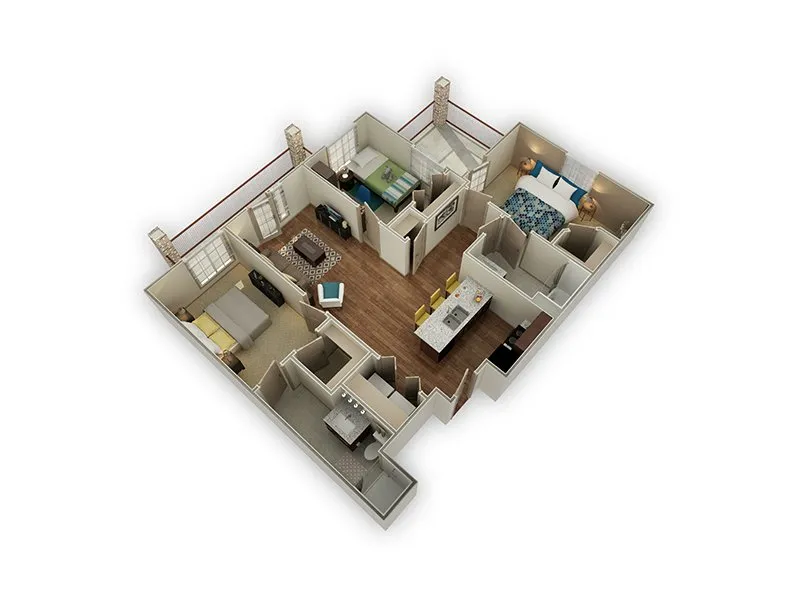 Modern 3D floor plan featuring two cozy bedrooms, a stylish open living area with large windows, a contemporary kitchen with island seating, and a well-appointed bathroom.