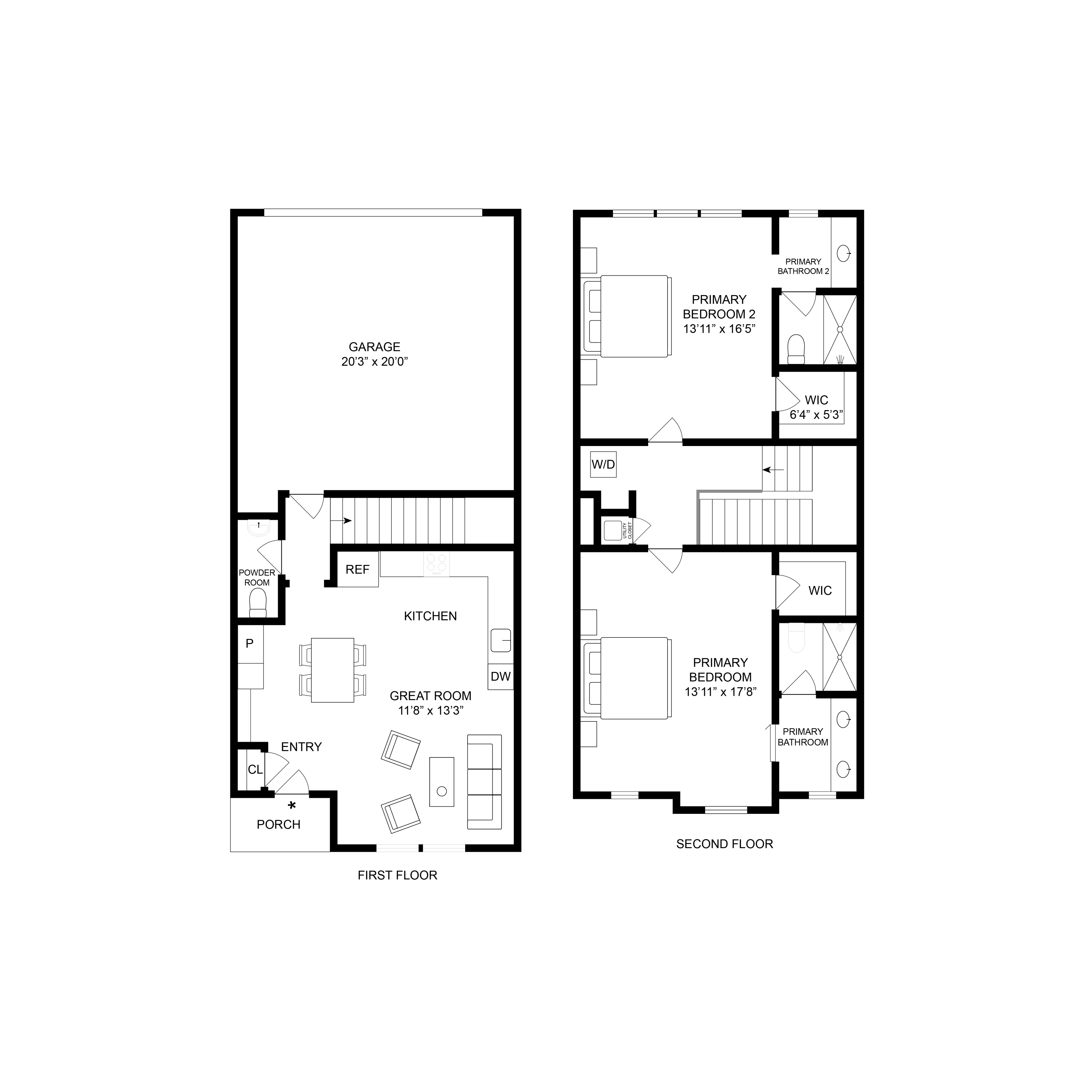 Contemporary two-story floor plan featuring a spacious great room, modern kitchen, and dual primary bedrooms with en-suite bathrooms.