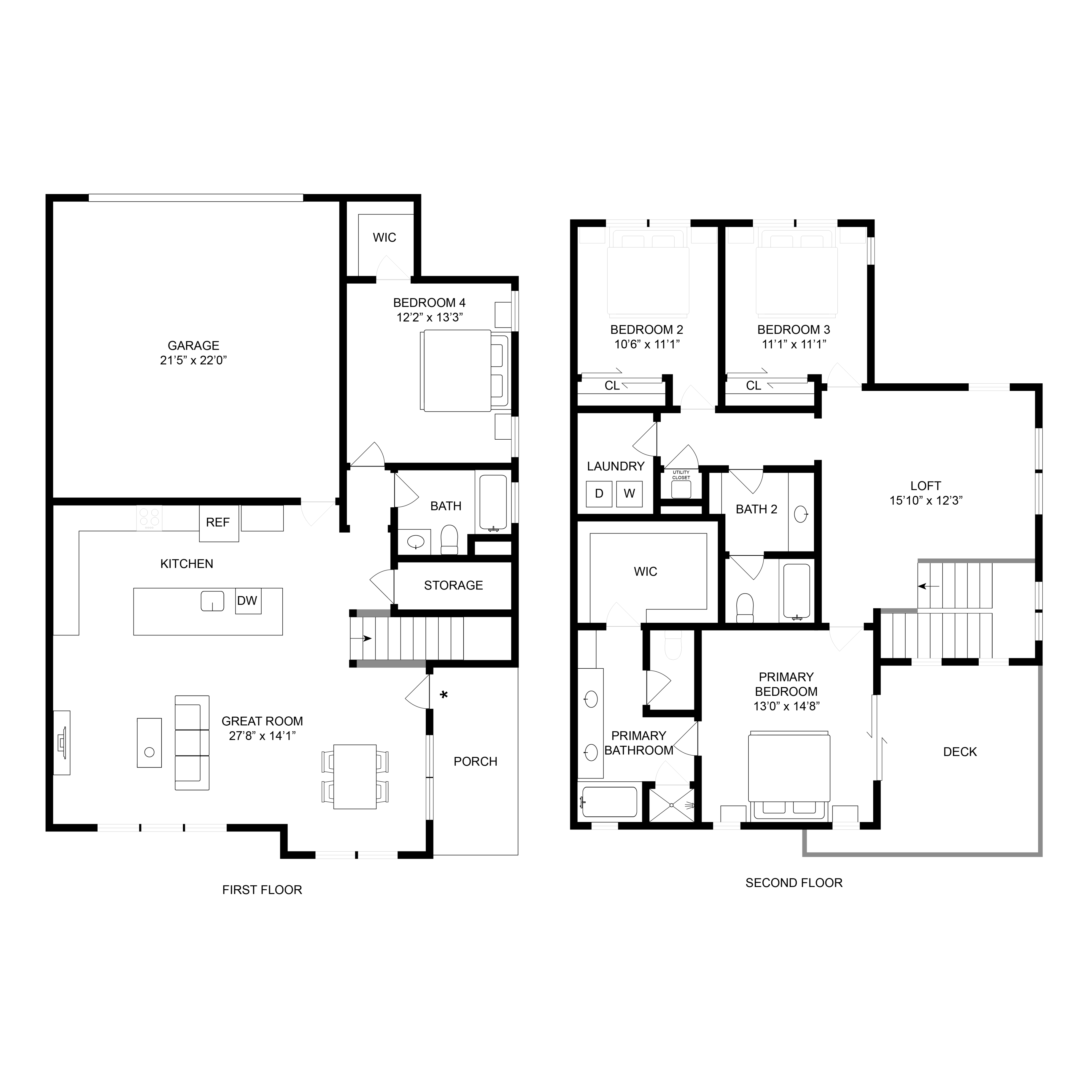 Sophisticated two-story floor plan featuring 4 bedrooms, spacious great room, modern kitchen, and cozy loft. Includes a large garage and inviting deck.