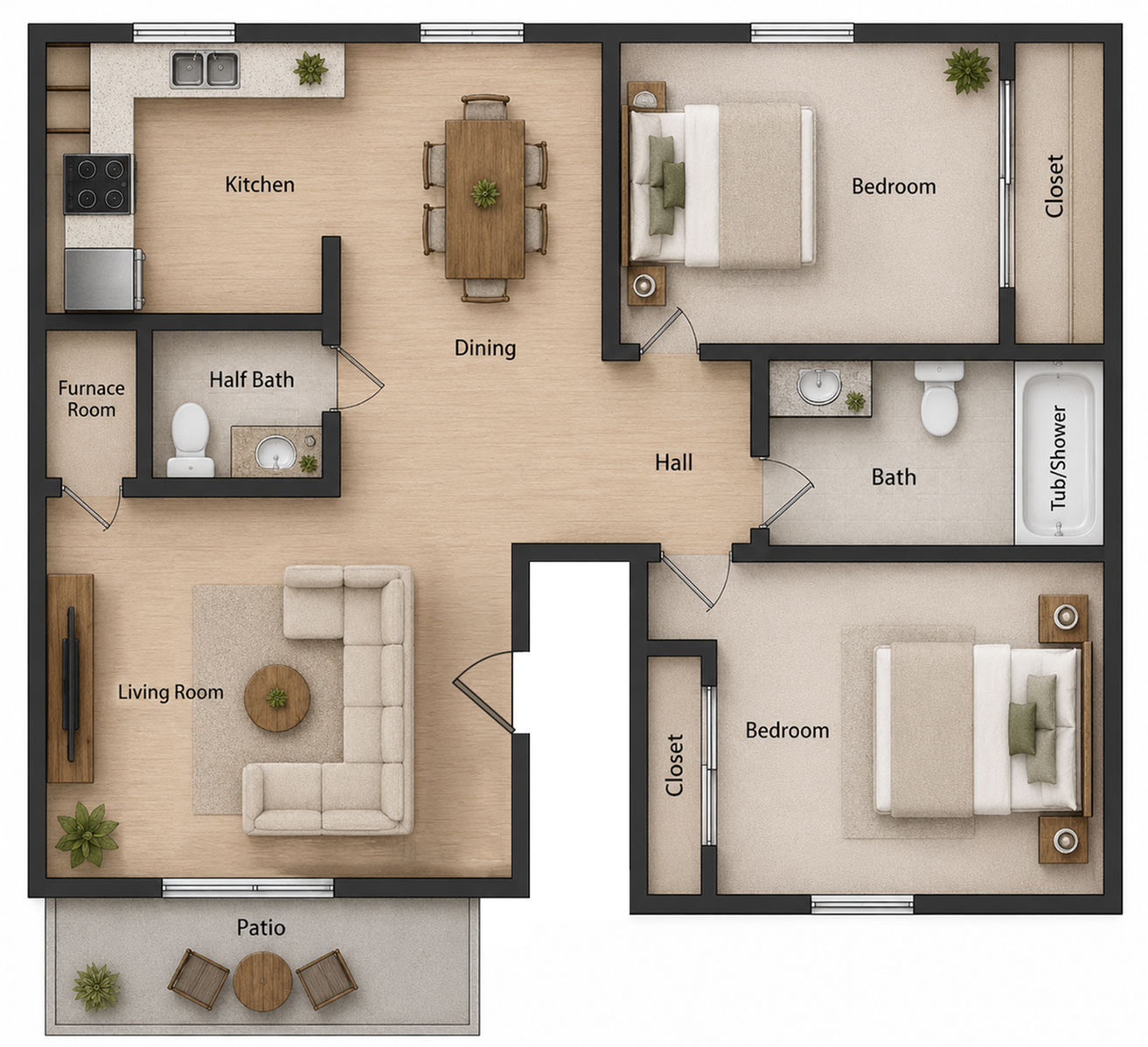 Modern 2D floor plan showcasing 2 bedrooms, open living and dining area, efficient kitchen, half bath, and full bath with tub/shower, plus inviting patio space.