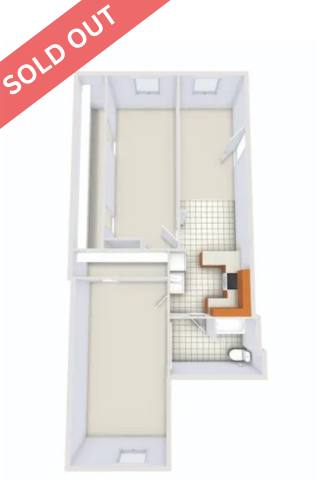 Compact 3D floor plan highlighting two-bedroom layout with open kitchen and bathroom, marked as sold out.