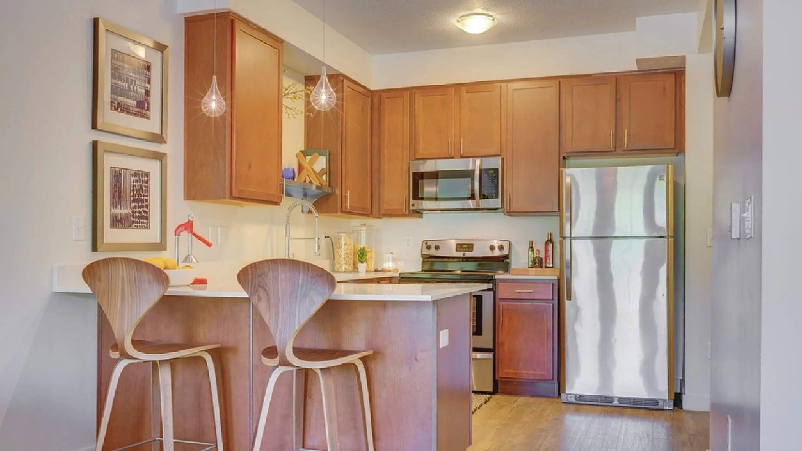 Inviting modern kitchen with sleek stainless steel appliances, elegant wooden cabinetry, and a cozy breakfast bar with chic pendant lighting.
