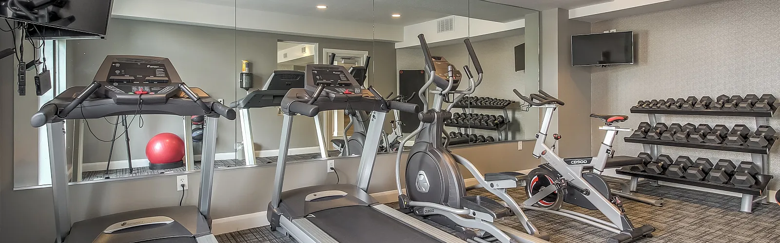 Modern fitness room with state-of-the-art equipment, featuring treadmills, stationary bikes, and a well-stocked weight rack, set against a stylish mirrored wall.