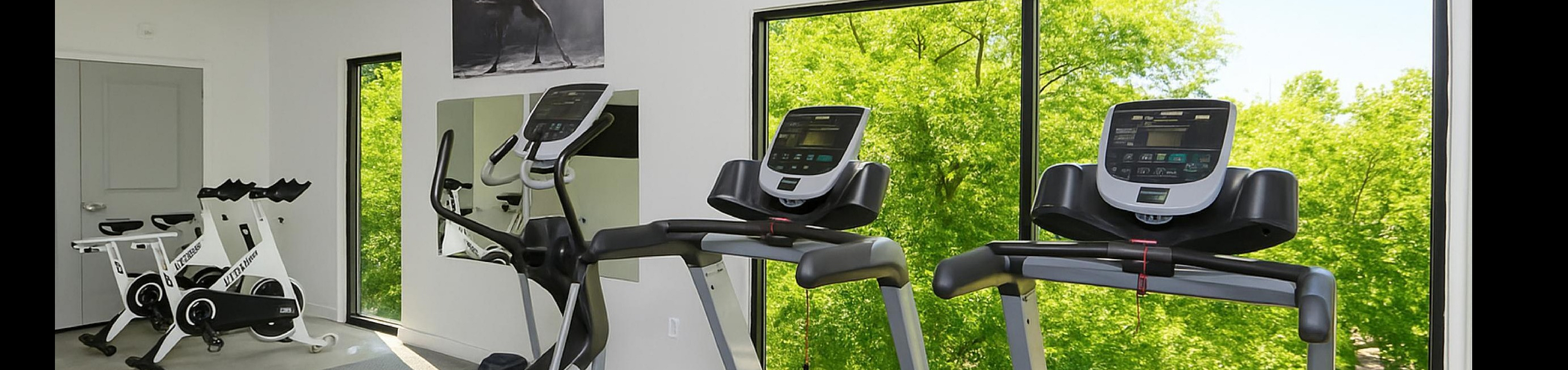 Modern fitness room with treadmills and exercise bikes, featuring large windows showcasing lush greenery outside.
