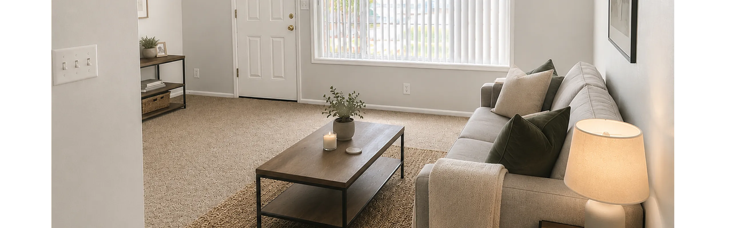 Inviting living room with cozy beige sofa, stylish coffee table, and soft ambient lighting, perfect for relaxation and gatherings.