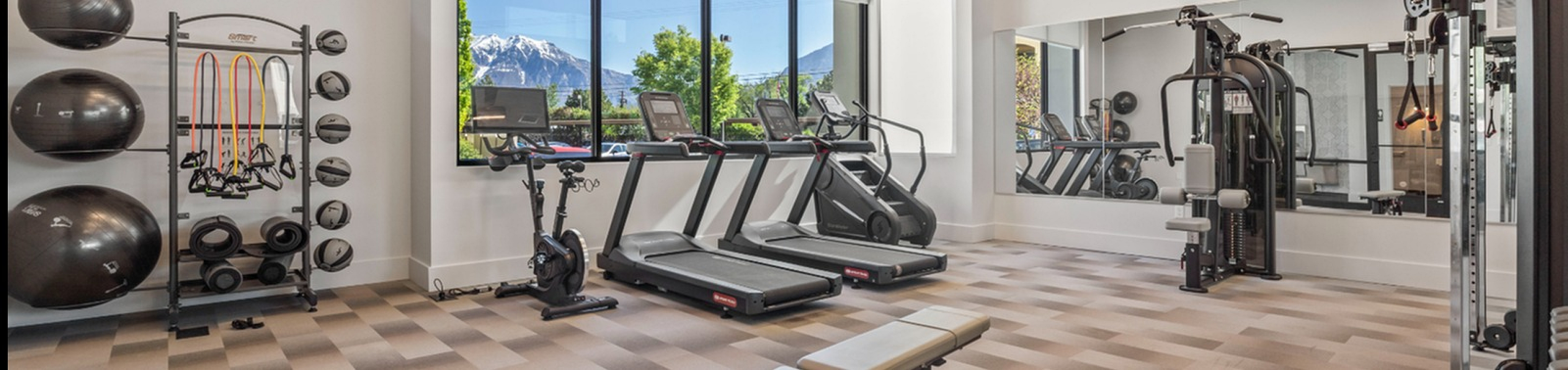 Modern fitness center with treadmills, stationary bike, and resistance training equipment against a backdrop of mountain views through large windows.