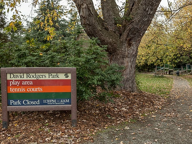 Charming David Rodgers Park entrance with play area and tennis courts surrounded by lush autumn foliage.