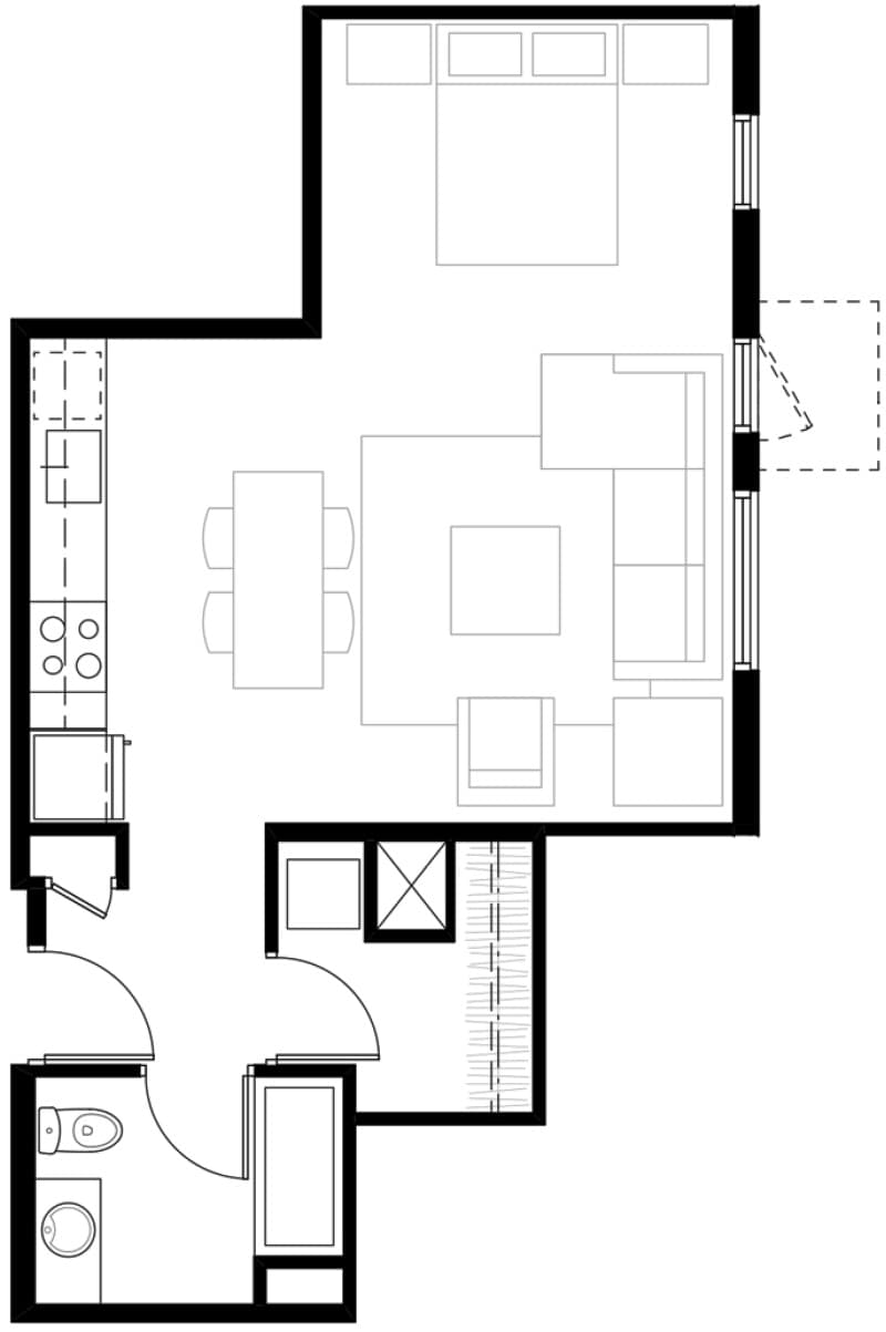 Modern 1-bedroom apartment floor plan featuring open-concept living and dining area, sleek kitchen, and cozy bathroom.