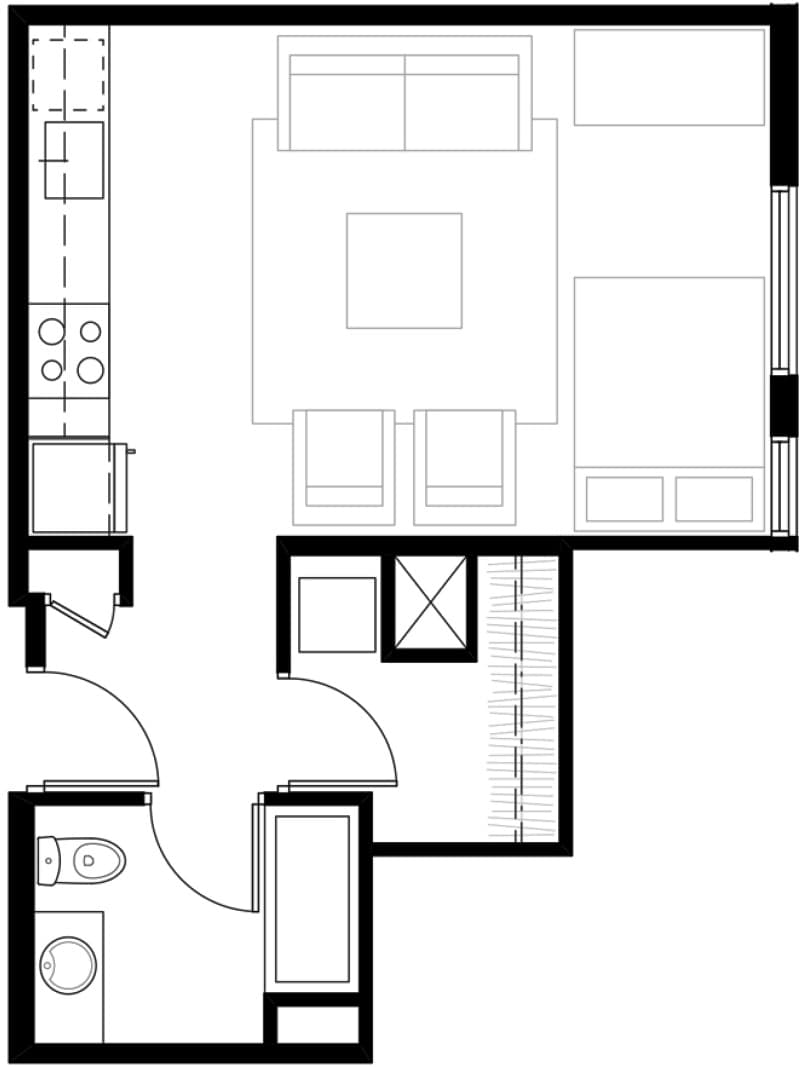 Modern floor plan showcasing a cozy 1-bedroom layout with integrated living and kitchen area, and a serene bathroom.