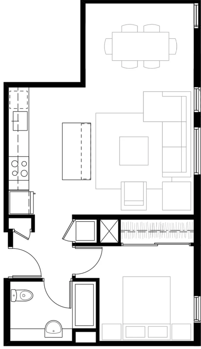 Modern apartment floor plan featuring an open-concept living area, cozy dining space, and compact kitchen adjacent to a stylish bathroom.