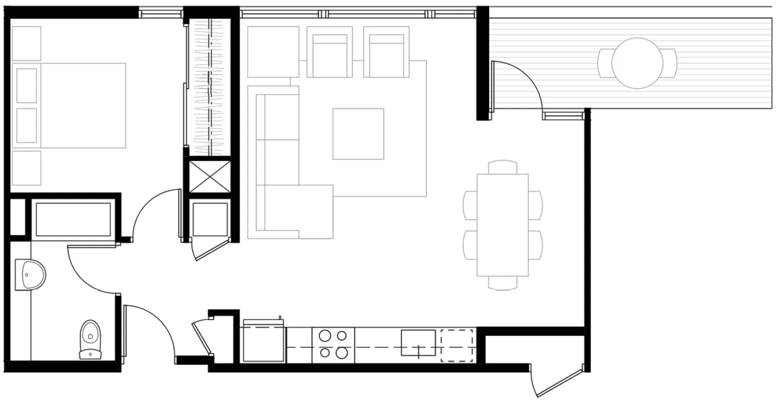 Elegant floor plan showcasing 1 bedroom, cozy living area, modern kitchen, and dining space with access to a balcony.