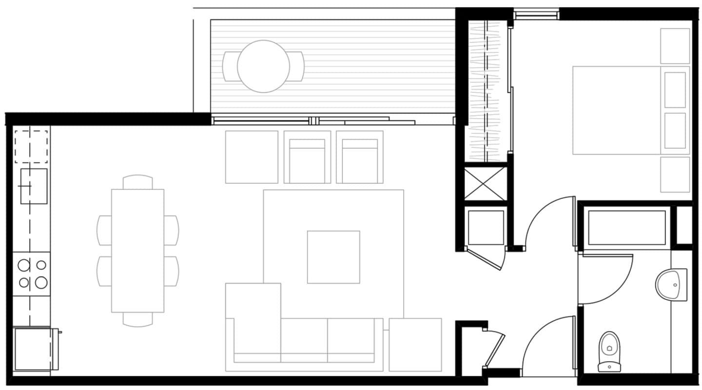 Modern apartment floor plan featuring a spacious open-concept living area, sleek kitchen with dining space, large bedroom, and inviting patio.