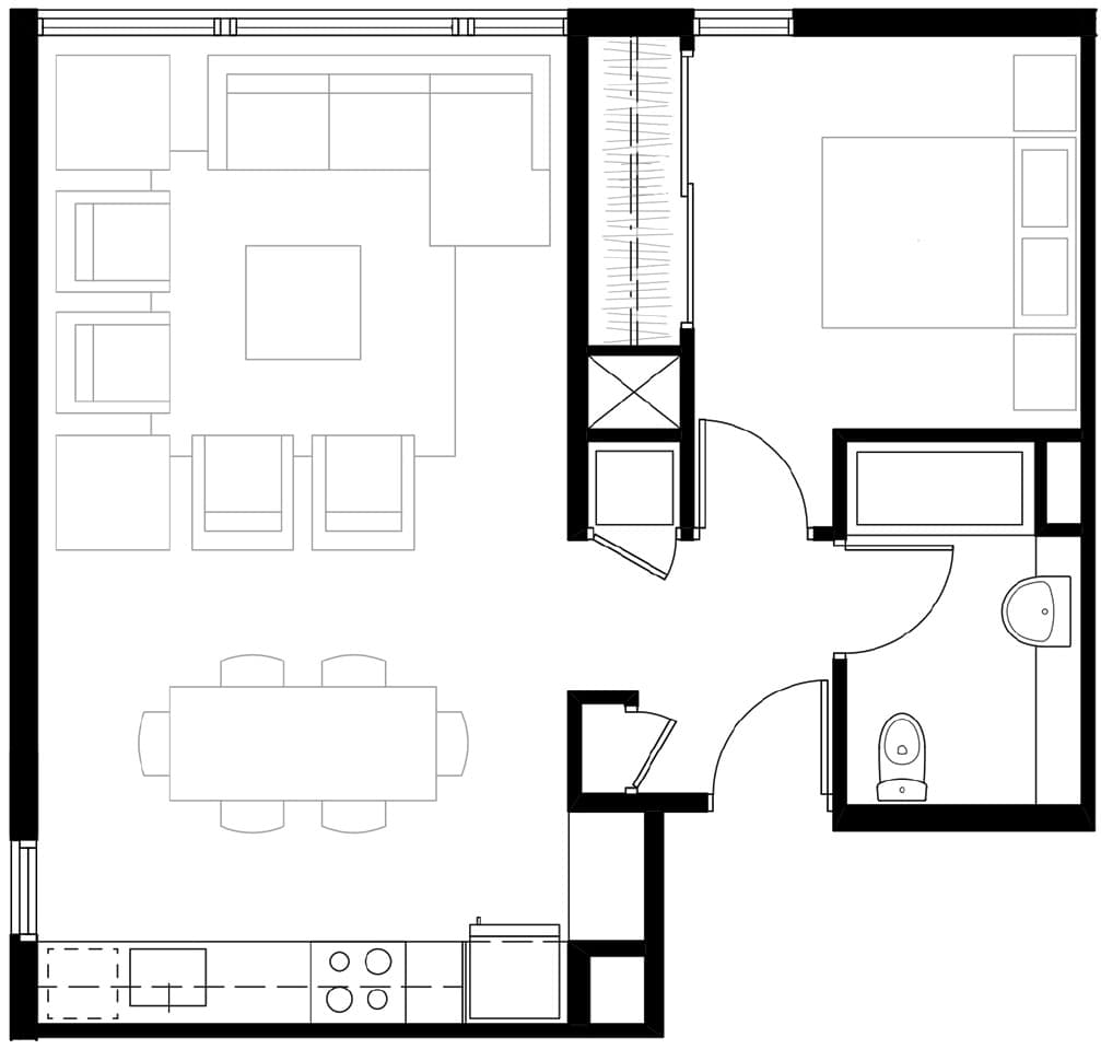 Modern floor plan featuring a spacious open-concept living and dining area, sleek kitchen, comfortable bedroom, and well-designed bathroom.