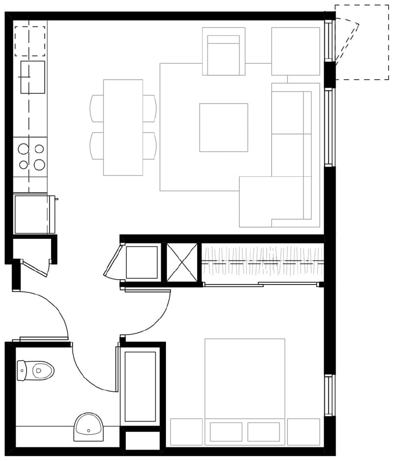 Modern 1-bedroom apartment floor plan featuring an open-concept living and dining area, compact kitchen, and stylish bathroom layout.