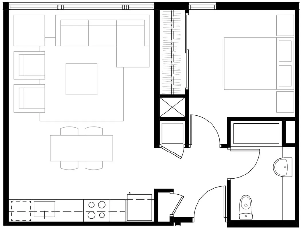Modern floor plan featuring a spacious living room, cozy bedroom, and sleek kitchen with contemporary design.