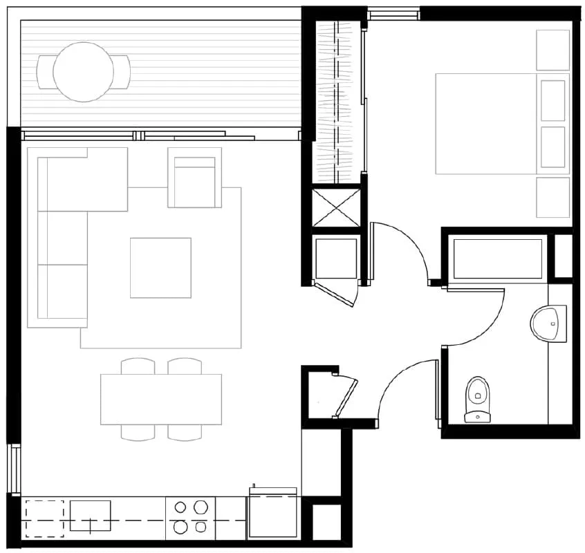 Sleek 2D floor plan showcasing a modern 1-bedroom apartment with an open living area, a stylish kitchen, and a private balcony.