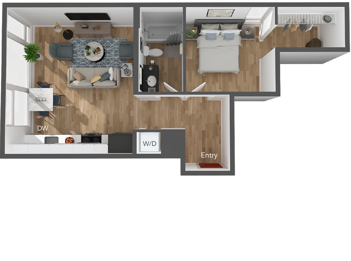 Modern 3D floor plan showcasing a cozy one-bedroom apartment with an open-concept living area, sleek kitchen with dishwasher, and elegant bathroom. Includes entryway and in-unit washer/dryer.