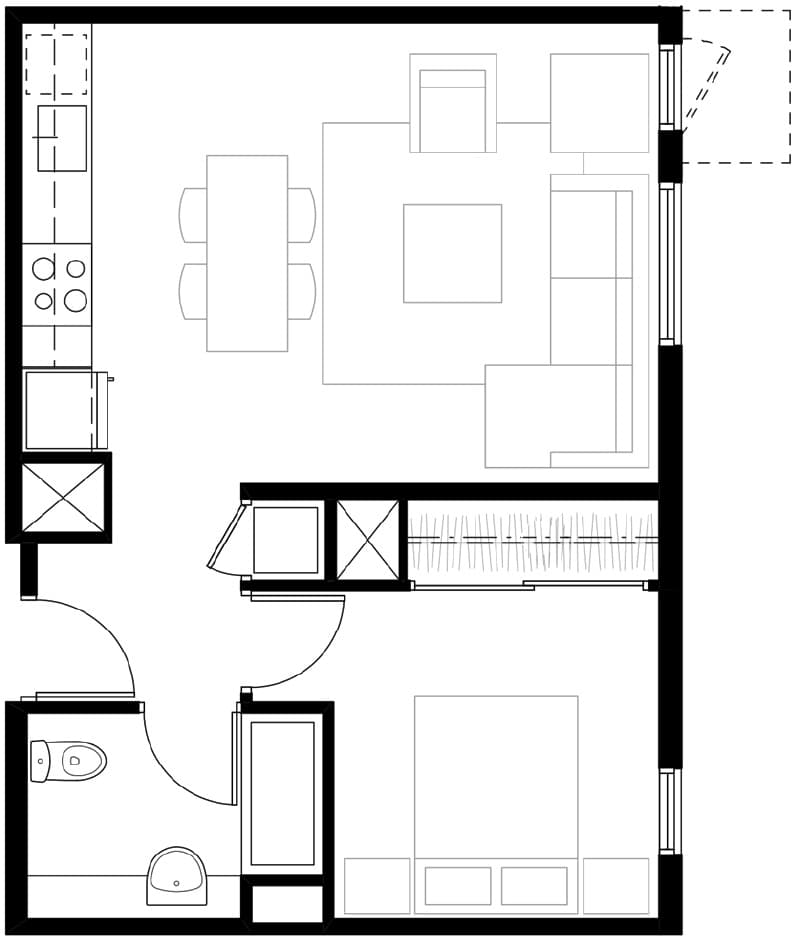 Chic floor plan featuring a cozy bedroom, modern bathroom, and an open-plan living and kitchen area with ample dining space.