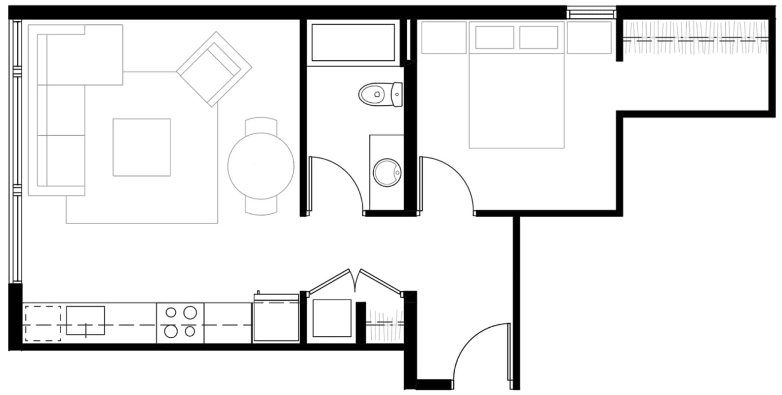Modern apartment floor plan showcasing 1 bedroom, a cozy living area, compact kitchen, and a well-designed bathroom.